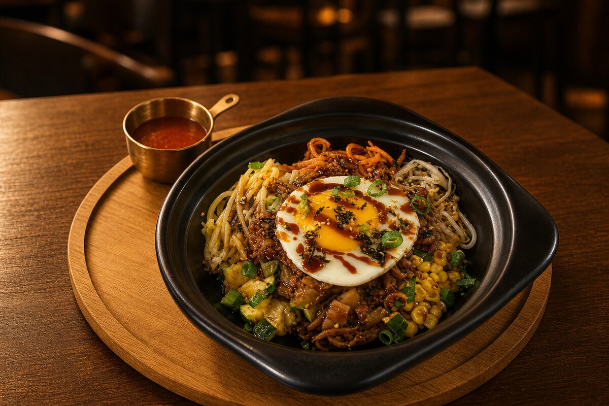 Bibimbap et assortiment de spécialités coréennes